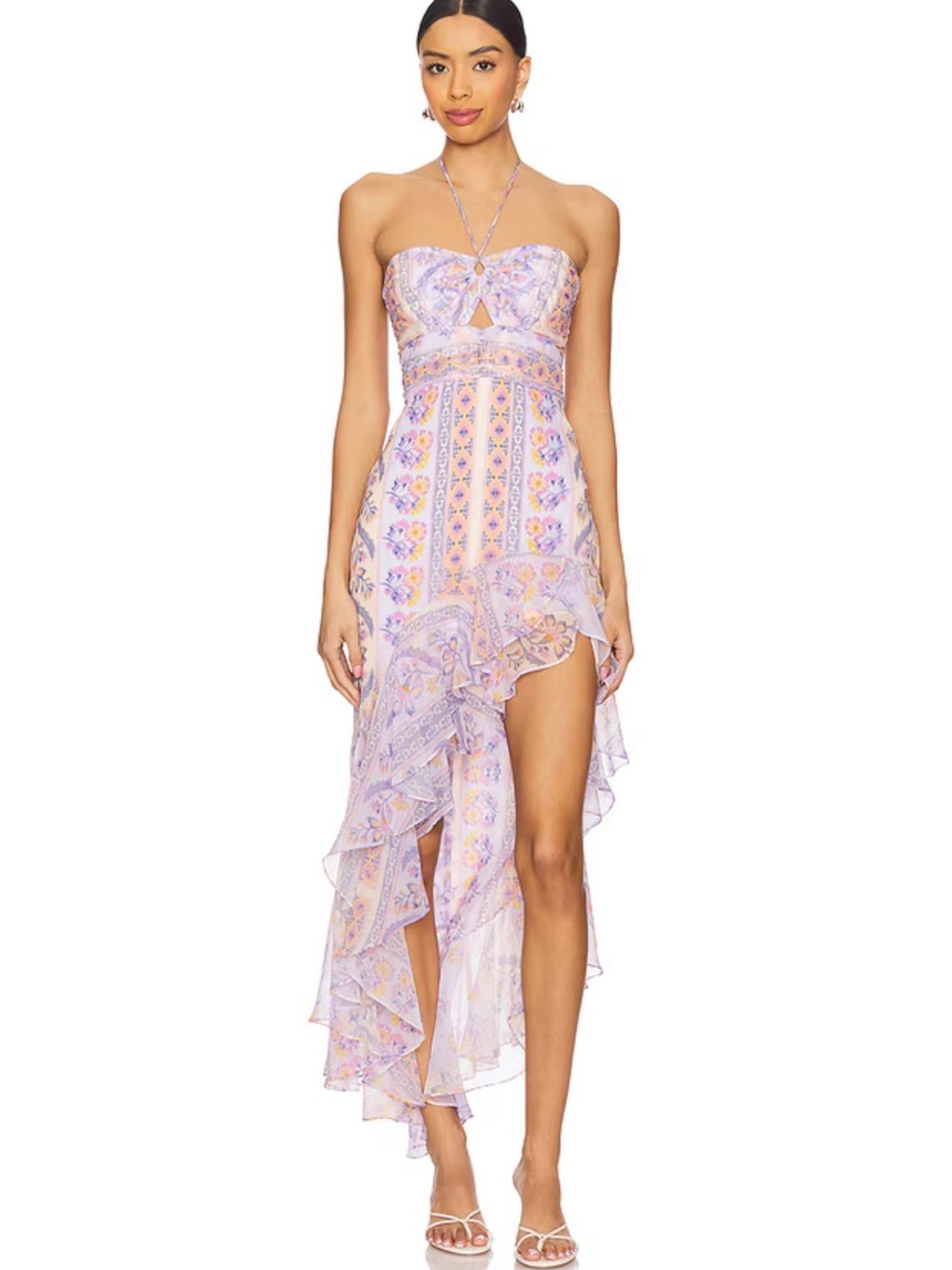 Strapless Lavender High-Low Ruffle Maxi Dress